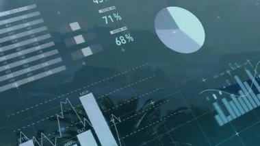 Finansal veri görsellemeleri şehrin ufuk çizgisinde süzülüyor, dünya haritası, pasta grafikleri, bar tablosu gösteriliyor. Veri analizleri, finansal grafikler, kentsel manzara, modern tasarım, görselleştirme, iş zekası, dijital arayüz