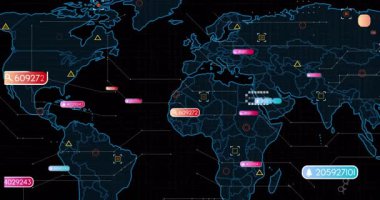 Dünya haritası koyu dijital gösterge panelinde canlandırılıyor. Parlak çizgiler, rakamsal etiketler ve simgeler gösteriliyor. Teknoloji, analitik, bilgi, gösterge paneli, veri görselleştirme, dijital, fütüristik