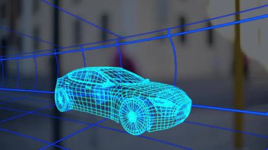 Sanal 3 boyutlu simülasyonla parlayan ızgara tünelinde yüzen neon mavi kablo araba modeli. Gelecek, teknoloji, dijital, sanatçılık, yenilik, soyut, sanal