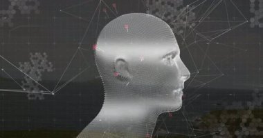 3D dijital baş silueti, veri ağını altıgen desenler ve pembe işaretlerle örtüyor. Gelecek, teknoloji, bağlantı, analitik, yenilik, soyut, dijital