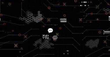 Devre çizgileriyle bağlanan yüzen konuşma baloncuklarını, düz dizaynla bağlanan altıgen düğümlerini gösteren dijital ağ. Teknoloji, bağlantı, görselleştirme, yenilik, dijital, iletişim, şematik