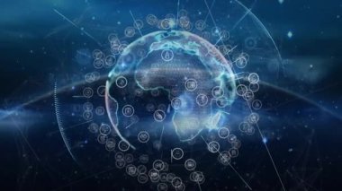 Uzayda dönen parlayan dijital küre, Afrika noktalarını vurguluyor, yüzen simgeleri birbirine bağlıyor. Gelecek, teknoloji, bağlantı, yenilik, veri, siber alan, soyut