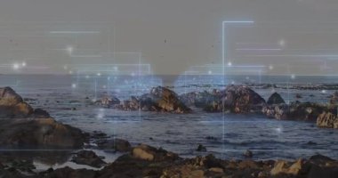 Kıyı AR sahnesinde ortaya çıkan merkezi kaya oluşumu, parlayan ızgara örtüsü içeren 3D görüntüleme. Deniz manzarası, dijital arayüz, fütüristik, sükunet, okyanus, teknoloji, manzara