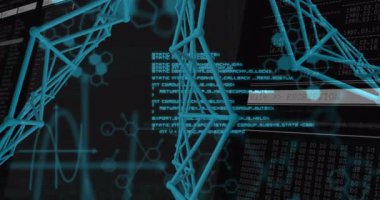 Şifreleme sürecini gösteren 3 boyutlu kafes yapısı kod panelleri ve altıgen diyagramlarıyla birlikte açılır. Siber uzay, veri güvenliği, dijital mimari, teknoloji, yenilik, görselleştirme, fütürist