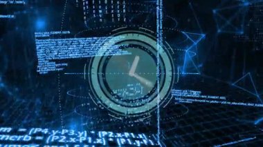 Merkezde dairesel saat yüzüyor, yüzükler parlıyor, kod parçaları fütüristik şebeke üzerinde çağlıyor. Fütürist, dijital, teknoloji, arayüz, ağ, yenilik, soyut