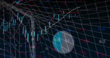 Futbol topu gol ağında asılı, animasyon finans trend çizgileri ve bar çizelgeleri gösteriyor. Atletik, veri görselleştirme, dijital sanat, spor analitikleri, finansal grafikler, modern, dinamik