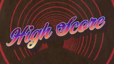 Yüzen gradyan Yüksek Puanlı metin retro-gelecekçi kırmızı neon tünelin içinde 3 boyutlu gölgeyle parlıyor. Neon, atari salonu, fütürist, dijital, bilim kurgu, canlı, dalgın