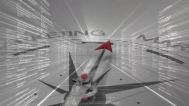 Metalik pusula kadranı kırmızı MARKETING 'e doğru dönüyor, kod akışları ve ışık demetleri merkezde birleşiyor. Navigasyon, strateji, yenilik, teknoloji, dijital, analitik, büyüme