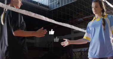 Voleybol oyuncuları spor salonunda hareketli spor veri tablolarıyla el sıkışarak ağ boyunca ilerliyorlar. Sporcular, takım çalışması, yoldaşlık, enerjik, rekabet, spor, egzersiz
