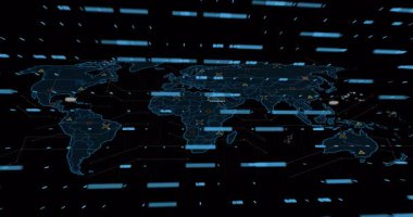 Holografik dünya haritası 3 boyutlu animasyon, çok renkli çizgi grafiği ve altıgen veri kümelerini gösteriyor. Fütürist, sürükleyici, dijital, veri, teknoloji, görselleştirme, arayüz
