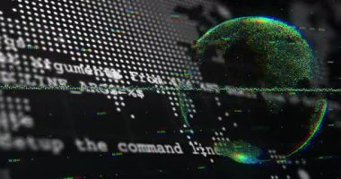 Piksel ses hatları ve yüzen veri kolonları ile görüntülenen arıza efektli dijital küre. Soyut, fütüristik, teknoloji, veri görselleştirme, siber, dijital sanat, ağ