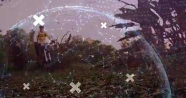 Orman yolunda bisiklet süren bir adam, hologram başına nokta-matris tarama grafikleri yüklüyor. Açık hava, macera, yenilik, gelecek, doğa, teknoloji, keşif