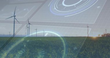 Yeşil alan üzerinde dönen rüzgar türbinleri, düz tasarım veri HUD çizelgeleri gösteriyor. Yenilenebilir, enerji, teknoloji, sürdürülebilirlik, fütürizm, görselleştirme, çevre dostu