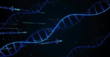Neon mavi DNA sarmalı karanlık boşlukta parlıyor ve kıvrılıyor, kod parçalarını gösteriyor. Gelecek, teknoloji, yenilik, bilim, dijital, soyut, siber