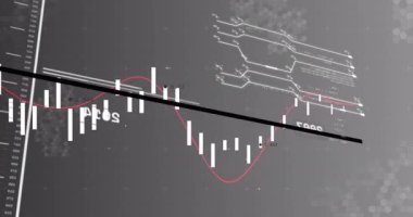Düz tasarım finans tablosu yükselen şamdan çubuklarını gösteriyor, koyu renk şebeke üzerinde kırmızı eğilim eğrisi var. Finans, analitik, veri görselleştirme, teknoloji, yatırım, dijital arayüz, kurumsal