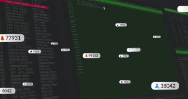 Tezgahları gösteren yüzen bildirim simgelerini gösterirken yeşil sözdizimi renklendirmelerini görüntüle. Teknoloji, geliştirme, arayüz, kullanıcı bağlantısı, dijital, otomasyon, yazılım