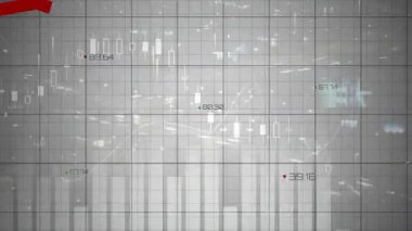 Finansal gösterge paneli şeffaf ızgarayı dolduruyor, şamdanlar kırmızı ve yeşil oklar hizasında. Analizler, yatırım, teknoloji, arayüz, veri, dijital, iş