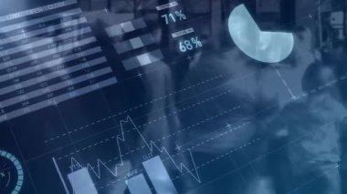 Bulanık kurumsal arkaplan üzerinde şeffaf pasta grafiği canlandırması, segmentli veri grafikleri gösteriliyor. Finans, analitik, veri görselleştirme, şirket, dijital, strateji, iş