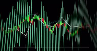 Finansal tabloda yeşil çubuklar, renkli mumlar ve turkuaz çizgiler moda işaretlerini gösteriyor. Finans, ticaret, analitik, veri görselleştirme, yatırım, pazar analizi, finans teknolojisi