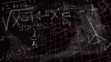 Matematik denklemleri, integral türevleri grafiklerini gösteren kırmızı ızgara örtüsüyle koyu karatahtayı dolduruyor. Eğitim, akademik, minimalist, analitik, teknik, bilimsel, öğretim