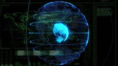 Holografik küre merkezde dönüyor, neon kablo haritasını yansıtıyor, veri çubuklarını gösteriyor. Dijital, veri, görselleştirme, arayüz, fütüristik, teknoloji, analiz
