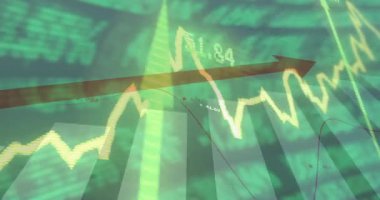 Finansal gösterge paneli ekranda canlandırılıyor, sarı çizgili, kırmızı ok ve işaretleri gösteriyor. Stok, görselleştirme, analitik, veri, büyüme, dijital, teknoloji