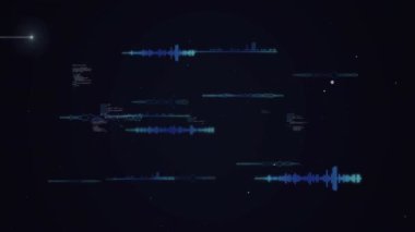 Süzülen ses dalgası çubukları kara UI boyunca parlayarak kod parçalarını gösteriyor. Fütürist, dijital, soyut, teknoloji, veri, görselleştirme, siber