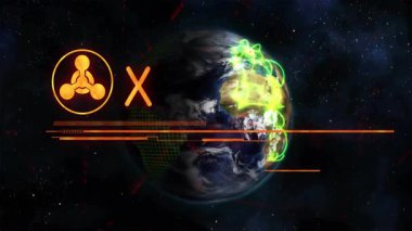 Yıldız alanında dönen parlak bir küre, etrafını çevreleyen neon yeşil kavisler ve parlak turuncu uyarı mesajı. Coğrafya, teknoloji, dijital alarm, fütürizm, siber güvenlik, yenilik, uyarı