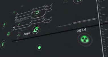 Neon yeşil finans ve enerji simgelerini birbirine bağlayan devre benzeri veri hatları koyu gösterge panelinde canlanıyor. Teknoloji, siber güvenlik, yenilik, sürdürülebilirlik, dijital, veri analizi, fütüristik