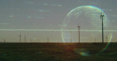 Rüzgar türbini, günbatımında çayırlarda holografik dünya örtüsü ve arıza çizgileriyle canlandırılıyor. Yenilenebilir, sürdürülebilirlik, fütüristik, dijital, çevre dostu, teknolojik, manzara