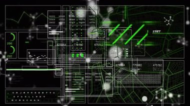 Kaydırma grafiklerini gösteren animasyon veri arayüzü. Sayısal tablolar. Ağ haritası kod parçacıkları göstergeleri. Analizler, dijital görselleştirme, veri bilimi, siber güvenlik, gösterge paneli, teknolojik, gelecekçi