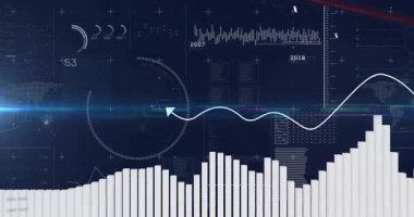 Sinüzoidal dalga mavi veri UI üzerinde akıyor, ikili kodlar sürükleniyor, göstergeler düz tasarımda dönüyor. Teknoloji, analitik, görselleştirme, fütüristik, veri, dijital, ağ