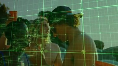 Erkek ve kadın açık havada, dijital şebeke örtüsü ve teknoloji için kablolar ile yakın duruyorlar. Gelecek, bağlantı, yenilik, doğa, teknoloji, iletişim, kentsel