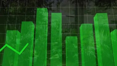 Şeffaf bar ve çizgi çizelgesi neon kaplamalı sera şeması sahnesinde canlandırılıyor. Veri görselleştirme, analitik, dijital görüntü, teknoloji, sürdürülebilirlik, büyüme, yenilik