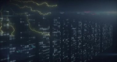 3D görüntüleme veri merkezi sunucu rafları parlak zeminde yanıp sönen mavi ve beyaz LED 'leri gösteriyor. Teknoloji, siber güvenlik, dijital, fütüristik, sanayi, ağ, altyapı
