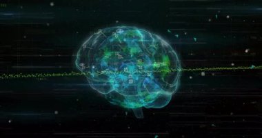 Karanlık dijital uzayda görüntülenen holografik beyin modeli, ağ boyunca hareket eden veri simgelerini gösteriyor. Gelecek, teknoloji, yenilik, sanal, arayüz, soyut, bilim