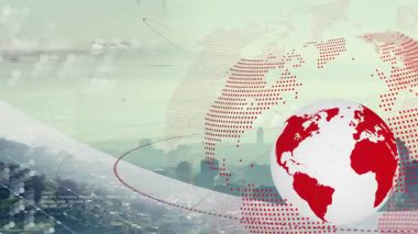 Kırmızı haritalı 3 boyutlu küreyi gösteren kentsel ufuk çizgisi, altıgen ızgara ve kod örtüleri gösteriyor. Futuristik, teknolojik, soyut, dijital, yenilikçi, kentsel, ağ