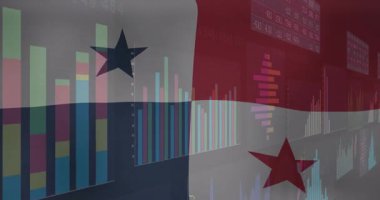 Panama bayrak grafiği düz tasarımla renkli finansal gösterge panelleri ve çizelgelerle örtüldü. Vatanseverlik, finans, veri görselleştirme, dijital sanat, şirket, yenilik, teknoloji