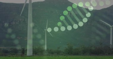Katmanlı tepelerin altındaki çimenli alanda dönen rüzgar türbinleri yeşil DNA sarmalını vurguluyor. Yenilenebilir, sürdürülebilirlik, çevre dostu, enerji, manzara, yenilik, teknoloji