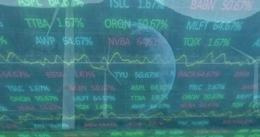 Dünya küresi rüzgar çiftliği düz tasarımı üzerinde renkli hisse senedi verileri ve grafik çizgileri gösteriyor. Teknoloji, yenilenebilir, çevre, veri görselleştirme, sürdürülebilir, finans, gelecekçi
