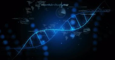 Karanlık arayüz boyunca uzanan parlak mavi DNA sarmalı kod bloklarını ve dünya haritasını gösteriyor. Fütürist, biyoteknoloji, dijital, teknoloji, yenilik, veri, bilim