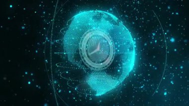 Sanal uzayda süzülen holografik küre, noktalı yörünge halkaları ve yüzen parçacıkları gösteriyor. Gelecekçi, teknoloji, dijital alarm, yenilik, bilim kurgu, siber uzay, arayüz