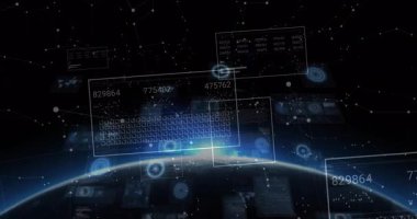 UI panellerinin veri grafikleriyle dünya ufkunun üzerinde yüzdüğünü gösteren animasyon çizimleri. Gelecek, teknoloji, görselleştirme, arayüz, boşluk, dijital, veri