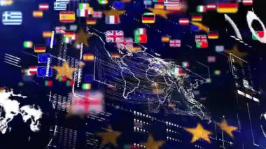Karanlık Donanma UI üzerinde yüzen ve bayrak simgelerini birbirine bağlayan ağ çizgilerini gösteren animasyon kablo dünya haritası. Küresel bağlantı, veri görselleştirme, ağ analizi, dijital arayüz, teknoloji, uluslararası iletişim, bilgi