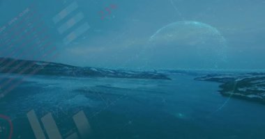 Donmuş su ve kar tepelerinin üzerinde yüzen yarı küresel ağ şeması veri noktaları gösteriyor. Geometrik, teknoloji, fütürizm, veri görselleştirme, minimalist, analiz, bağlantı