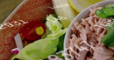 Sağlıklı salata ve ton balığı sahnede canlandırılıyor, üç boyutlu görüntüleme detaylarıyla yüzen sayısal veriler. Taze ürün, beslenme, sağlık, aşçılık, canlı, organik, sağlık