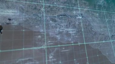 Turkuaz şebeke kıyı boyunca akarken köpüklü dalga üç boyutlu görüntüleme ile çizgileri ve simgeleri ortaya çıkarıyor. Dijital soyutlama, okyanus, fütüristik, teknoloji, yenilik, deniz, veri görselleştirmesi