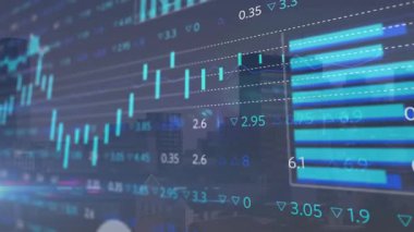 Şeffaf finans tablosu, şehrin ufuk çizgisi üzerinde çubukları ve ölçümleri gösteren görselleştirme verilerini örtüyor. Finans, analitik, teknoloji, kentsel, veri, yatırım, gösterge paneli