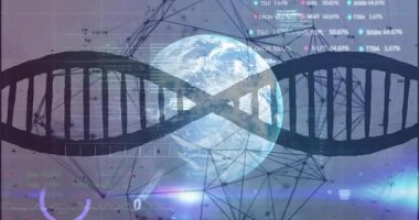 Dönen yarı saydam Dünya küresi, yüksek teknoloji veri görselleştirmesine yayılmış koyu DNA sarmalı ile örtülmüş. Küresel, biyoteknoloji, analitik, gelecek, dijital, bilimsel, ağ
