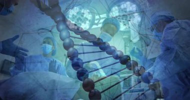Tıbbi ekip cerrahi ışıklar altında ameliyat yapıyor, 3 boyutlu DNA sarmalı ve serum serumu gösteriyor. Tıbbi, sağlık, bilim, yenilik, teknoloji, takım çalışması, klinik
